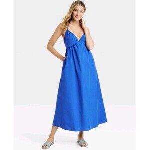Universal Thread Women Solid Blue Peasant Smocked Back Halter Maxi Dress L